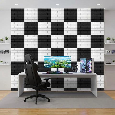 Top Shelf 18 Pack Sound Proof Acoustic Panels For Walls Self Adhesive High Density Noise Reducing Foam Tiles Flame Retardant Echo Absorber Game Changer For Home Studio Setup Clean Look White on black and white checkerboard wall.