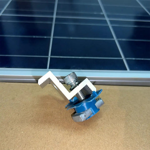 Heavy Duty Two Hole End Clamps For Solar Panel Mounting Fits 30 And 35Mm PV Modules Includes Groove Nuts And Bolts, detailed close-up.