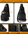 Front and back views of a black MOLLE crossbody survival bag with US flag and red cross patches, 12in tall by 8.66in wide