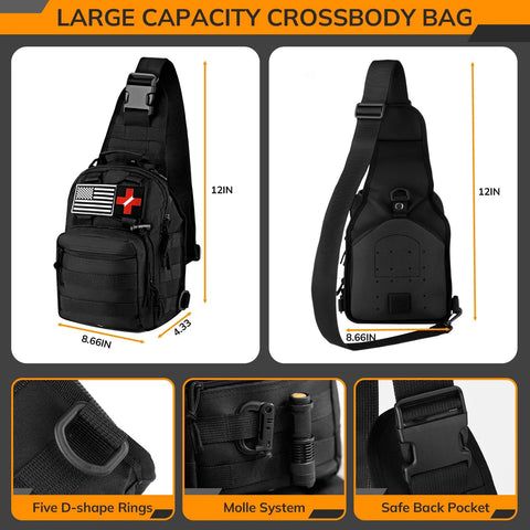 Front and back views of a black MOLLE crossbody survival bag with US flag and red cross patches, 12in tall by 8.66in wide