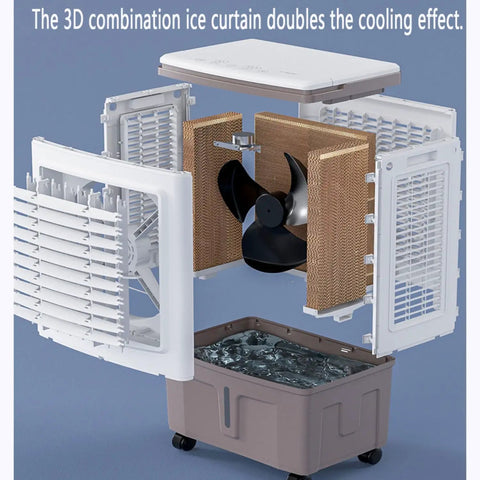 Portable Swamp Cooler With Spacious 30 Liter Water Tank And Two Extra Ice Blocks Delivers No Sweat Cooling Through Evaporative System To Serve Sweet Breeze Along 120 Degree Swing For Patio Hangouts, showing internal components and cooling system.
