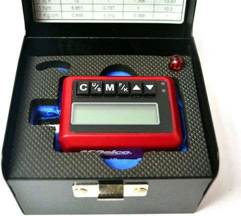 Digital Torque Wrench 1/2 Inch With Buzzer And LED Flash Notification For Tight Spots Pro Grade And Lightweight ISO 6789 Calibrated With Calibration Certificate Real Time Readout In Nm In Lbs And Ft Lbs 12.5 To 250.7 Ft Lbs Torque Range, red digital display module in case
