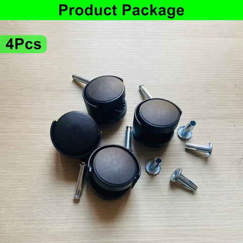 Four Two Inch Plastic Swivel Casters with M8 Neck Stem on Wood Surface
