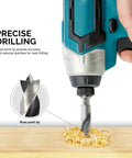 Side view of a cordless drill with a brad point drill bit drilling into wood; close-up of brad point tip