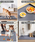 Multi-use silicone mats used as pet feeding mat, kitchen tray, craft mat, and shoe mat, shown in various household settings.