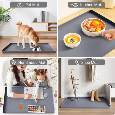 Multi-use silicone mats used as pet feeding mat, kitchen tray, craft mat, and shoe mat, shown in various household settings.
