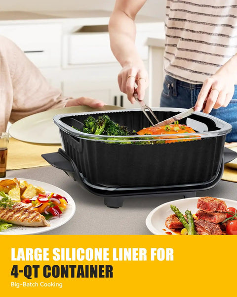 Large silicone liner in use for 4-qt container with food, people serving salad and meat, kitchen setting