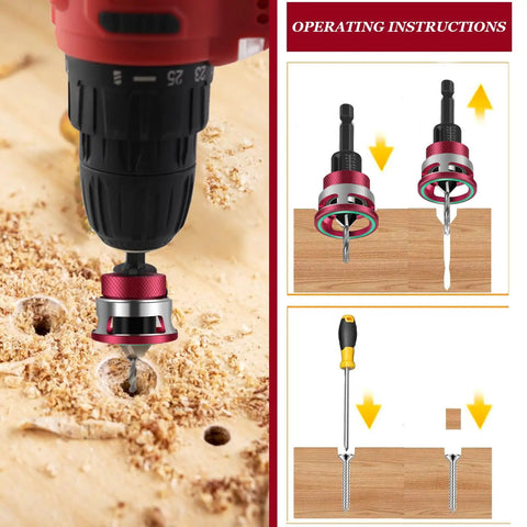 Countersink Drill Bit Set With Depth Stop And Quick Change Hex Shank One Quarter Inch in action on wood, with operation instructions