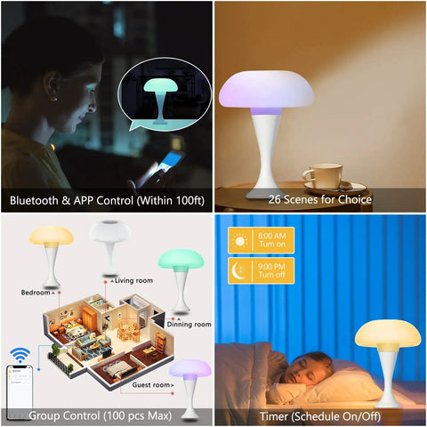 Bluetooth controlled LED table lamp with 26 scenes, showing timer settings in bedroom, living room, and dining room.