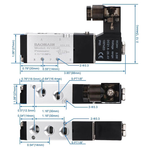 DIY Friendly 5 Way 2 Position Pneumatic Solenoid Valve With DC 24V Actuation, PT One Eighth Inch Thread dimensions diagram