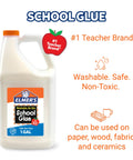 White Liquid School Glue 1 Gallon For Arts And Crafts Safe Washable Non Toxic Bond Paper Wood Fabric Ceramics Great For Kid Friendly Slime Making And Classroom Projects Bulk Arts And Crafts Supplies, 1-gallon bottle labeled 'Elm's School Glue' with safety and usage icons