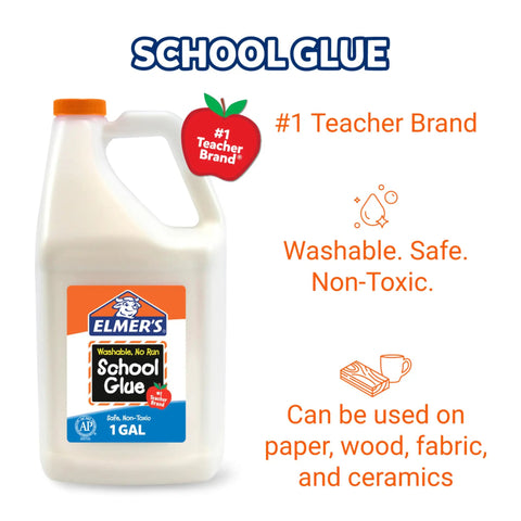 White Liquid School Glue 1 Gallon For Arts And Crafts Safe Washable Non Toxic Bond Paper Wood Fabric Ceramics Great For Kid Friendly Slime Making And Classroom Projects Bulk Arts And Crafts Supplies, 1-gallon bottle labeled 'Elm's School Glue' with safety and usage icons