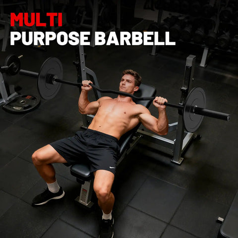 Man bench pressing with multi-purpose barbell in gym setup featuring weights and bench