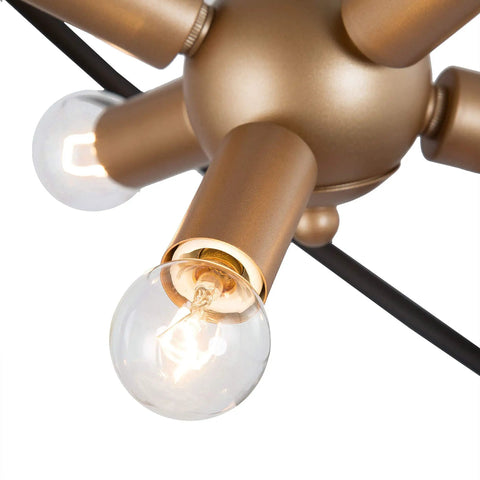 Close-up of Six Light Mid Century Modern Orb Chandelier in Matte Black with Dark Gold Finishes Floating Globe Ceiling Light