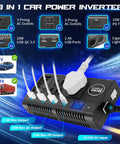 Plug And Play Road Trip Essential 120W Car Power Inverter 12V 24V To 110V AC With 3 AC Outlets and USB ports showing connections and outputs.