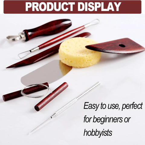 8 Piece Clay Sculpting Tools Set For Polymer Clay Air Dry Clay And Pottery Perfect For Beginners To Pros Sculpey Crafting Modeling And DIY Ceramics With stainless steel tips and wooden handles shown on display.