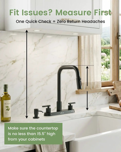 APPASO 4 Hole Kitchen Faucet Matte Black with dual handles and soap dispenser installed in a modern kitchen setting.