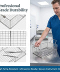 Heavy Duty Stainless Steel Cleaning Basket For Ultrasonic Cleaner Boss Level Wire Mesh Tray with handles, shown in use to hold tools.