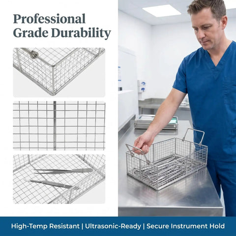 Heavy Duty Stainless Steel Cleaning Basket For Ultrasonic Cleaner Boss Level Wire Mesh Tray with handles, shown in use to hold tools.