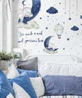 Watercolor Blue Grey Sleeping Elephant Wall Decals For Nursery And Kids Room With Moon Star Cloud Stickers And Hot Air Balloon Decor
