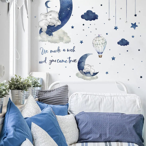 Watercolor Blue Grey Sleeping Elephant Wall Decals For Nursery And Kids Room With Moon Star Cloud Stickers And Hot Air Balloon Decor