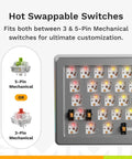 Hot Swappable Switches on Flat Out Dope 65 Percent Compact Mechanical Keyboard showcasing 3-Pin and 5-Pin options.