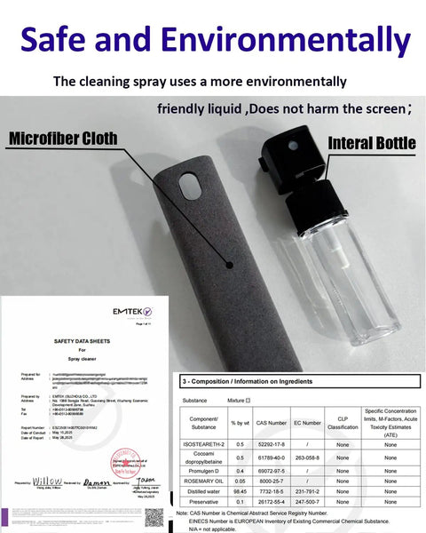 6 Pack Screen Cleaner Kit 2 In 1 Touchscreen Mist Cleaner with microfiber cloth and spray bottle, safety data shown.