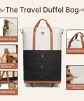 Travel duffle bag with wheels; white top and black expandable bottom with tan/brown straps.