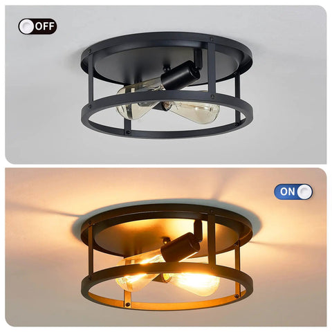2 Pack 13 Inch Matte Black Flush Mount Ceiling Light Fixture, Dope Industrial Farmhouse Open Frame 2 Light Design, E26 Base