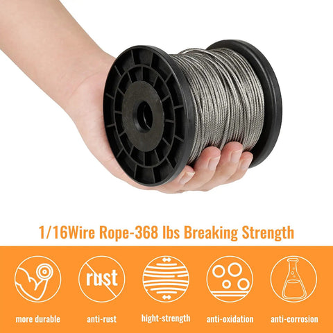Job Site Ready 1/16 Inch Stainless Steel Wire Rope Cable Spool 328 Feet Long With 120 Aluminum Crimp Sleeves For Tough Yard Builds And Daily Grind Projects Done Right