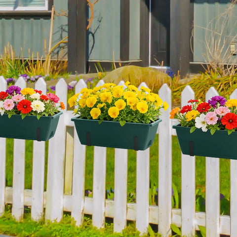 Four Pack Adjustable Railing Planter Boxes 16.9 Inch Window Flower Boxes With Metal Brackets For Balcony Fence Deck No Fuss Easy Install Indoor Outdoor Use Fits Railings Up To 4.9 Inches Detachable Support System Green