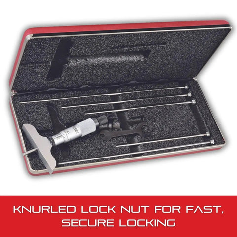 Depth Micrometer Gauge 0 to 6 Inch Range for Measuring Holes, Slots, Shoulders and Projections, Satin Chrome Reading Surface, Rust Resistant, in case