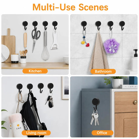 Black Self Adhesive Hooks 20 Pack Tough As Nails Sticky Wall Hangers With Super Grip arranged for kitchen, bathroom, living room, and office.