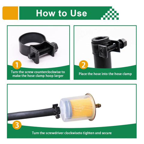 Instructions for using 34 Piece Worm Gear Hose Clamp Set With Five Sizes From Five Sixteenths Inch Up To Twenty Three Thirty Seconds Inch Heavy Duty