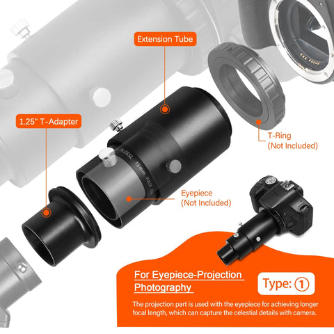 Extendable Telescope Camera Adapter with 1.25 Inch T Adapter for Prime Focus and Eyepiece Projection, shown with camera parts