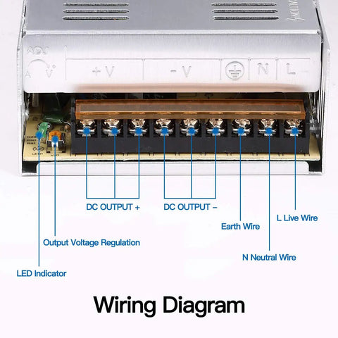 Wiring diagram of Beefy 30A 360W 12V DC Power Supply Universal Switch Mode Converter AC Input 110V to 220V Regulated 12V Output.