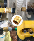 Garden Hose Adapter Female To Female 3/4 Inch GHT Brass Connector, Double Female Hose Fittings With Washers And PTFE Tape, Rustproof, No Fuss Easy Install For Outdoor Watering And DIY Plumbing. Brass double female adapter on hoses and fixtures for outdoor watering