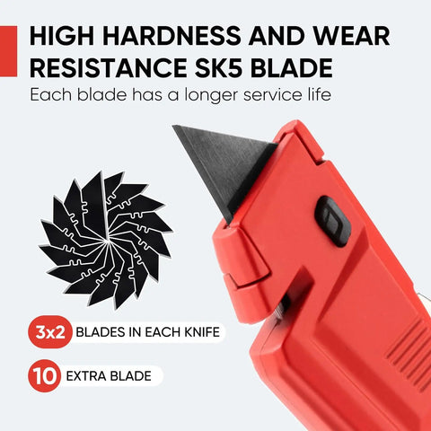 Close-up of the Heavy Duty Utility Knife Set Two Piece Box Cutter With Quick Open Button Lock showing blades and red handle