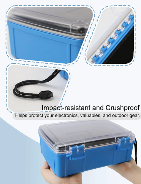 Large Waterproof Dry Box For Kayaking And Boating, blue container with clear lid, shown held in hands with durable seal.