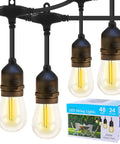 Close-up of LED Outdoor String Lights 48 Feet Commercial Grade Patio String Lights With 26 S14 Shatterproof Bulbs, 2200K Warm White