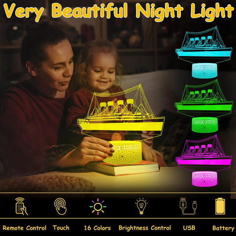 Mother and child with Titanic Night Light For Kids With Remote And Touch Control, 16 Color Changing LED Ship Night Light For Bedroom.