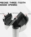 Close-up of GMTOOLS Forstner drill bit tip showing sharp edges and self-centering geometry