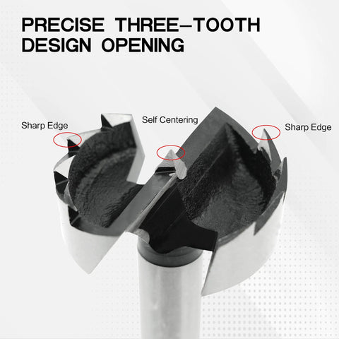 Close-up of GMTOOLS Forstner drill bit tip showing sharp edges and self-centering geometry