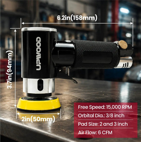 Mini Orbital Air Sander Kit for Two Inch and Three Inch Sanding, pneumatic power tool, close-up on workbench