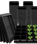 Stacks of 100 Black Square Seedling Pots, 2.6 Inch With Drain Holes, plus 5 Plastic Seed Starter Trays. Visible seedlings in pots.
