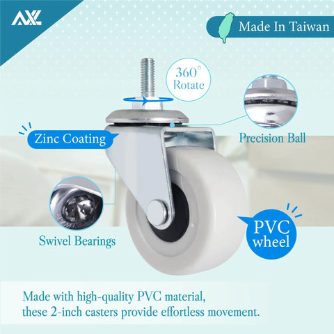 Front view of AxL 2-inch PVC caster wheel with threaded M8x15mm stem and zinc-coated swivel housing