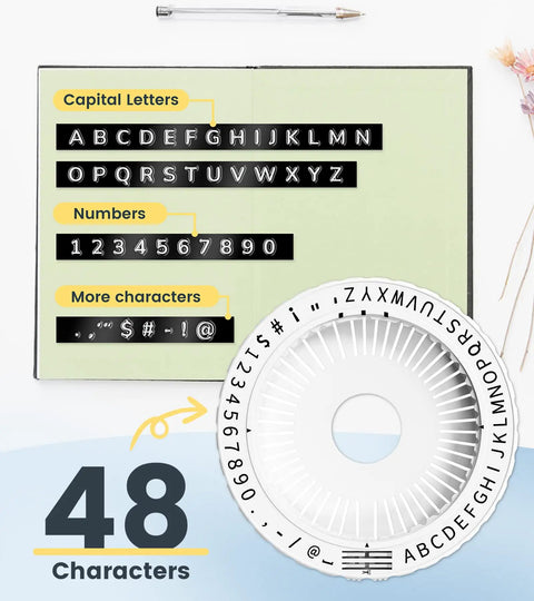 Retro Manual Embossing Label Maker With 9mm Tapes showing capital letters, numbers, and special characters wheel.