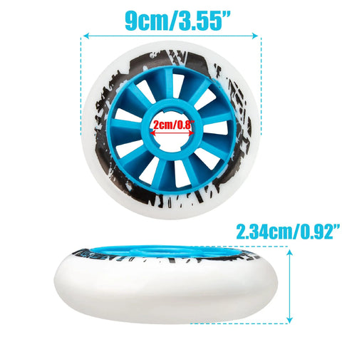 90mm 85A Inline Skate Wheels Set Of 6 For Outdoor Replacement With Blue Core High Rebound PU Speed Fitness Wheels side view