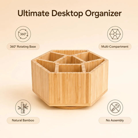 360 Degree Rotating Bamboo Desk Organizer With Hexagonal Compartments, The Slick Space Saver Office Stationery Caddy display