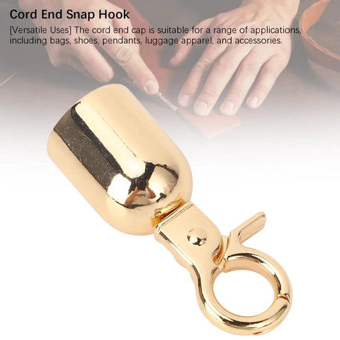 10 Pack Top Shelf Gold Rope End Snap Hooks, No Sweat Zinc Alloy Fastener Set With Screws, Heavy Duty Bell Shaped Stopper Rings For Leather Craft And Decor DIY closeup of a gold snap hook